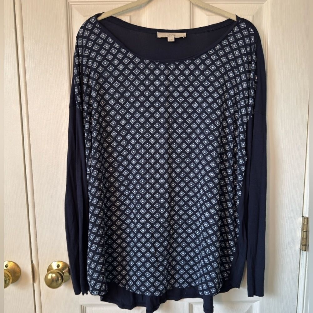 LOFT Navy NWOT Blue Hi Low Hem Stretch Knit‎ Back Geometric Tunic Top Size XL